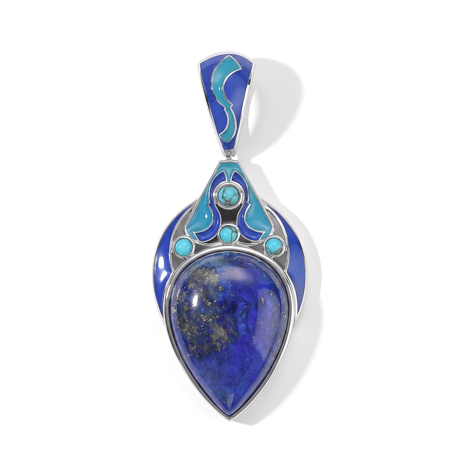 Sajen Silver Lapis Lazuli, Recon Turquoise and Enameled Pendant without Chain in Rhodium Over Sterling Silver 19.40 ctw