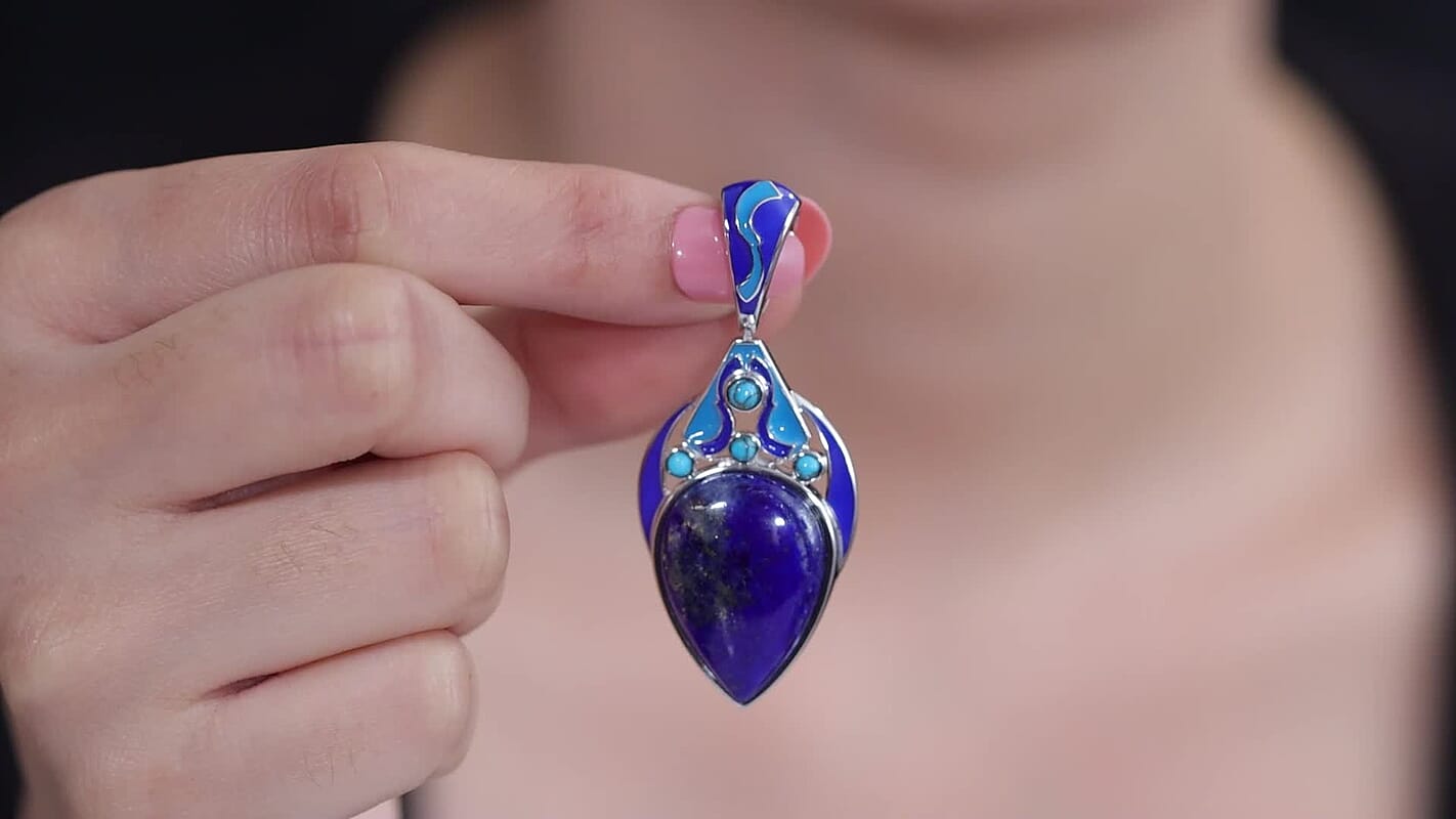 Sajen Silver Lapis Lazuli, Recon Turquoise and Enameled Pendant without Chain in Rhodium Over Sterling Silver 19.40 ctw