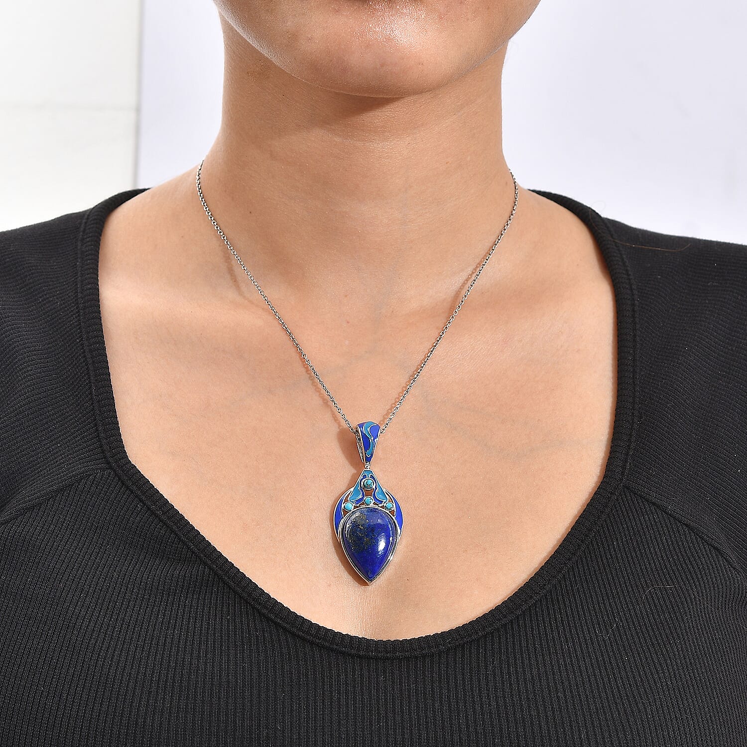 Sajen Silver Lapis Lazuli, Recon Turquoise and and Enameled 19.40 ctw Pendant without Chain in Rhodium Over Sterling Silver
