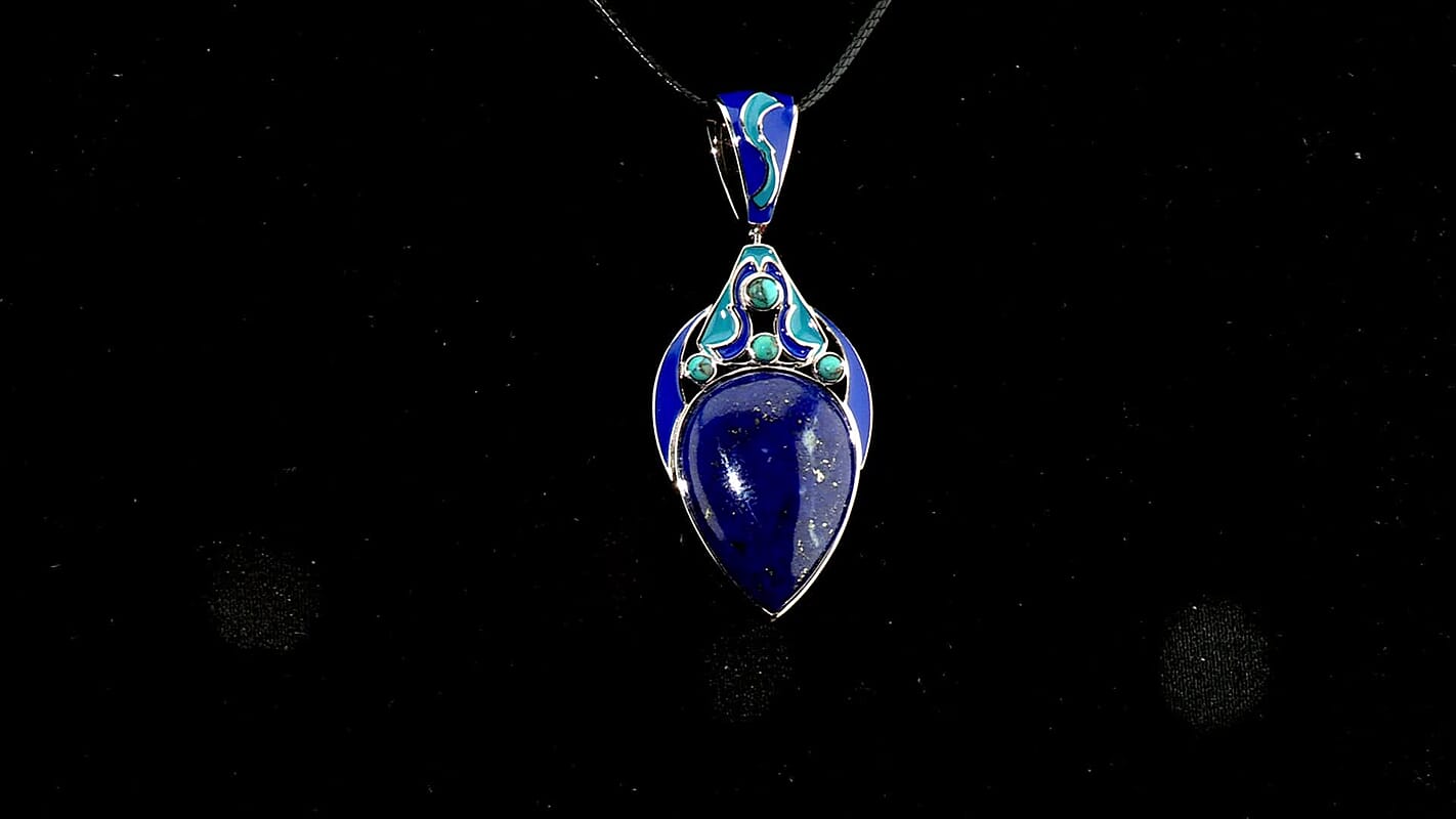 Sajen Silver Lapis Lazuli, Recon Turquoise and Enameled Pendant without Chain in Rhodium Over Sterling Silver 19.40 ctw