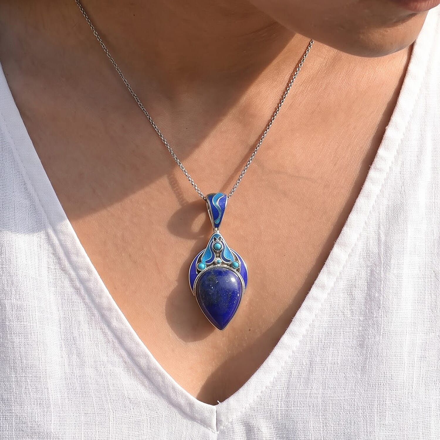 Sajen Silver Lapis Lazuli, Recon Turquoise and and Enameled 19.40 ctw Pendant without Chain in Rhodium Over Sterling Silver