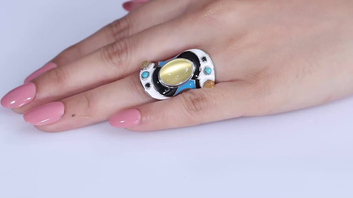 Sajen Silver Gold Coated Moonstone, Multi Gemstone Ring in Rhodium Over Sterling Silver (Size 10.0) 9.15 ctw