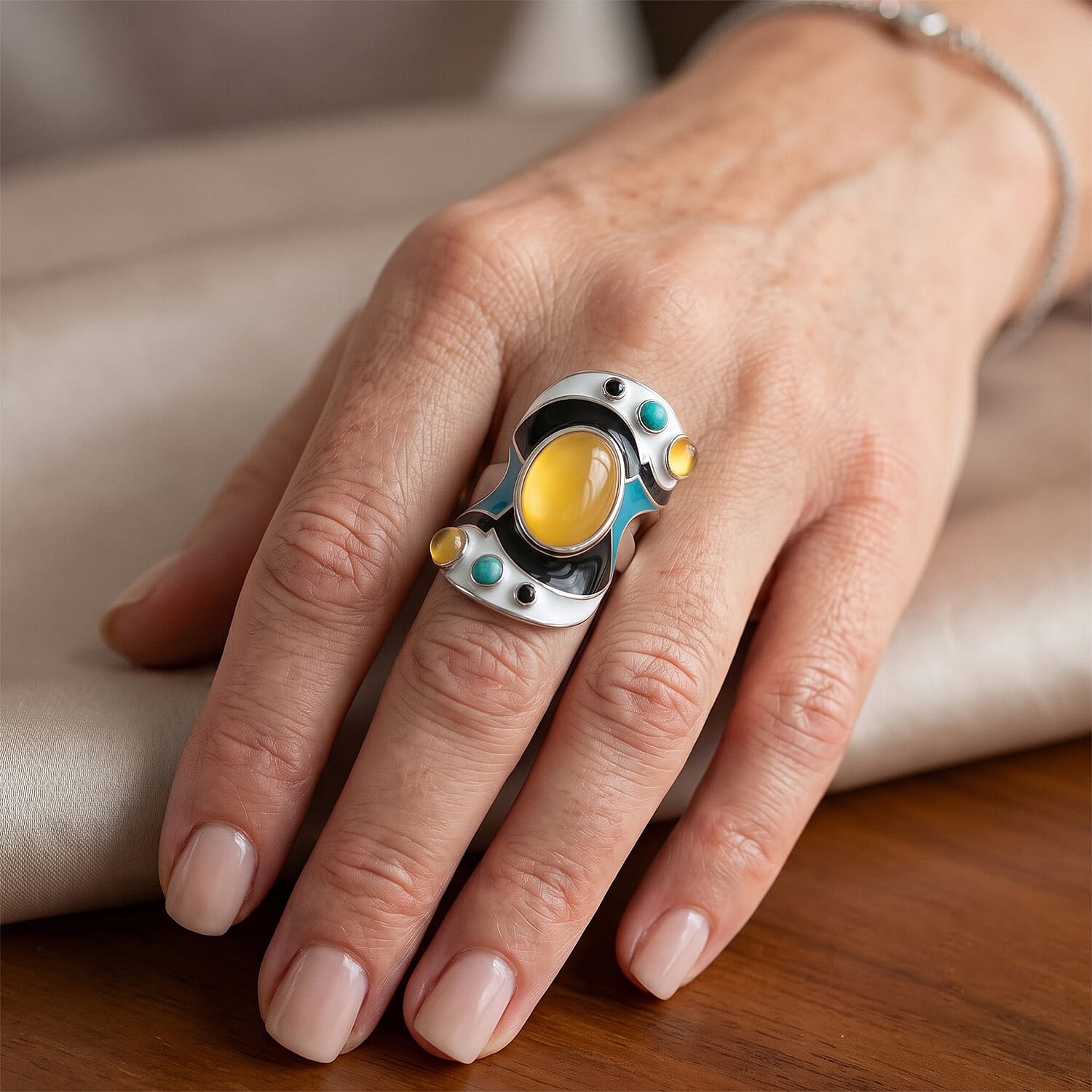 Sajen Silver Gold Coated Moonstone and Multi Gemstone 9.15 ctw Ring in Rhodium Over Sterling Silver (Size 5.0)