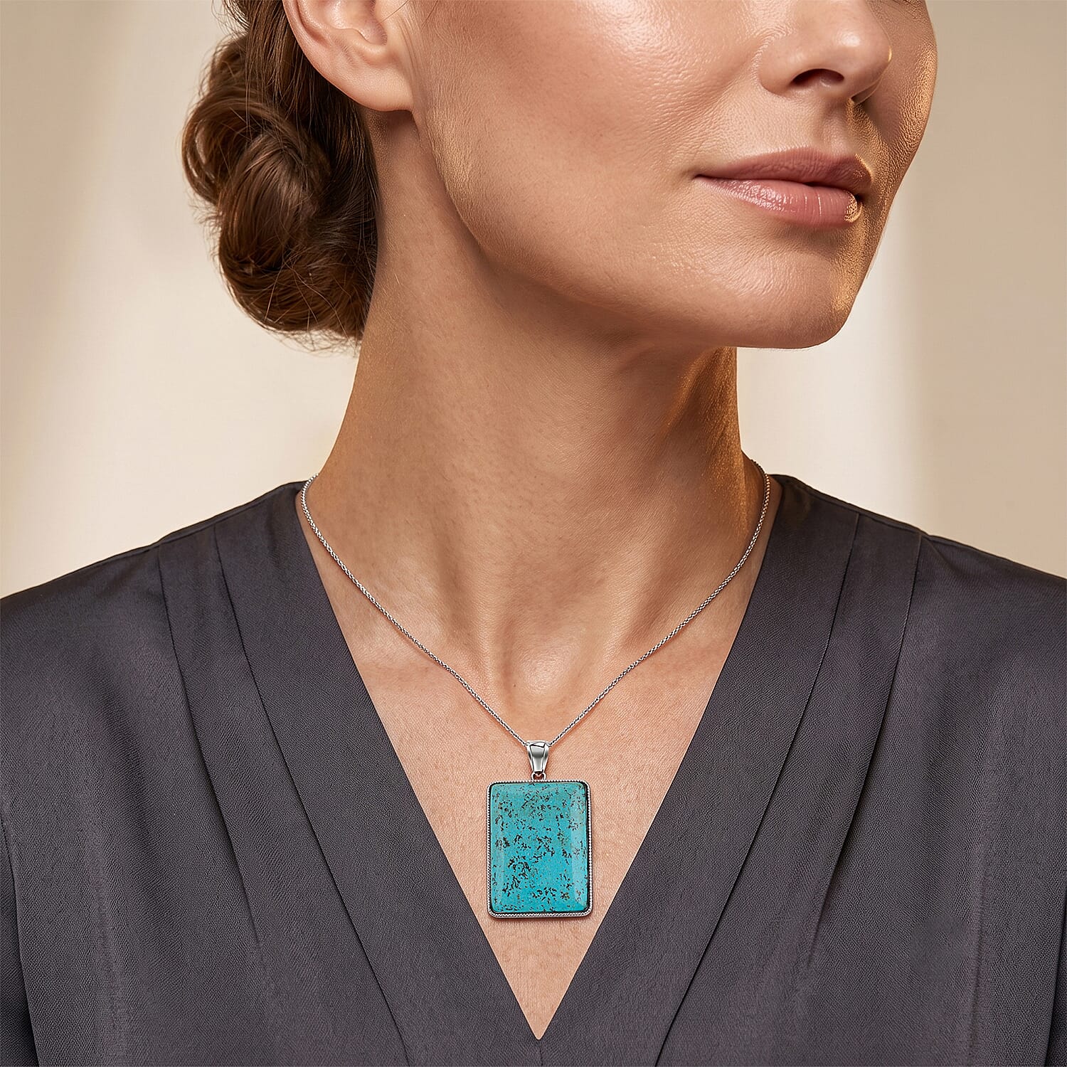 Rectangle Blue Turquoise 75.00 ctw Pendant in Silvertone