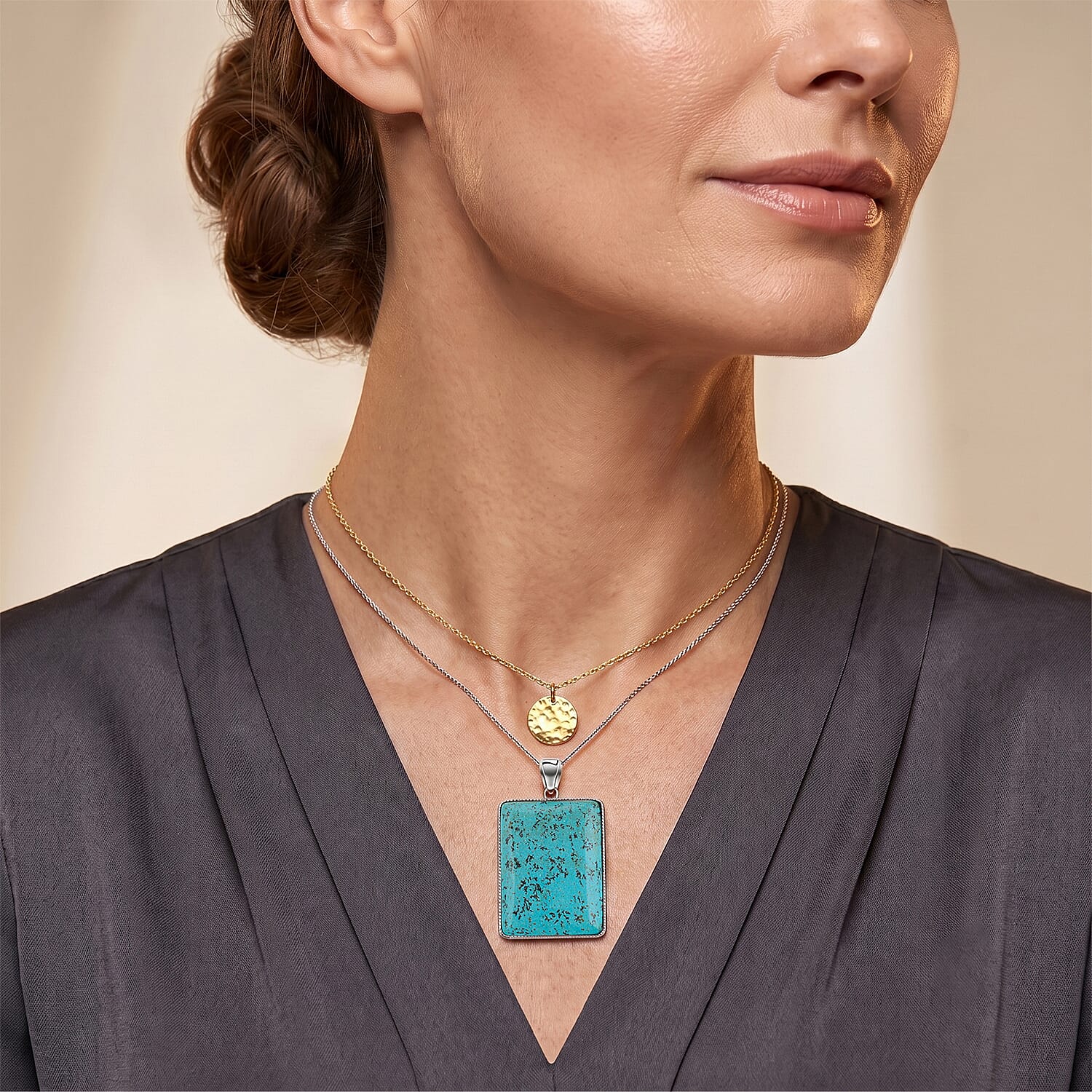 Rectangle Blue Turquoise 75.00 ctw Pendant in Silvertone