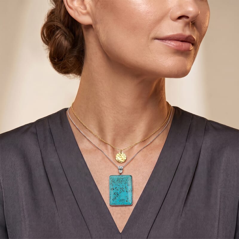 Rectangle Blue Turquoise 75.00 ctw Pendant in Silvertone