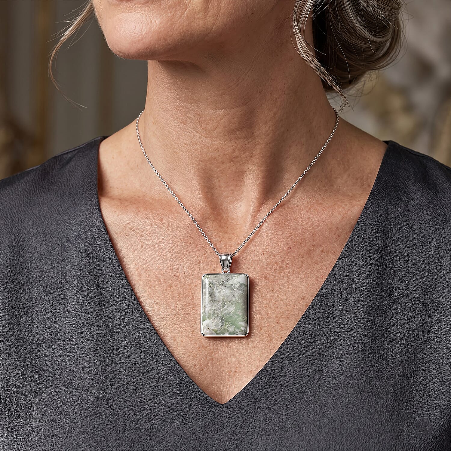 Rectangle Peace Jasper 75.00 ctw Pendant in Silvertone