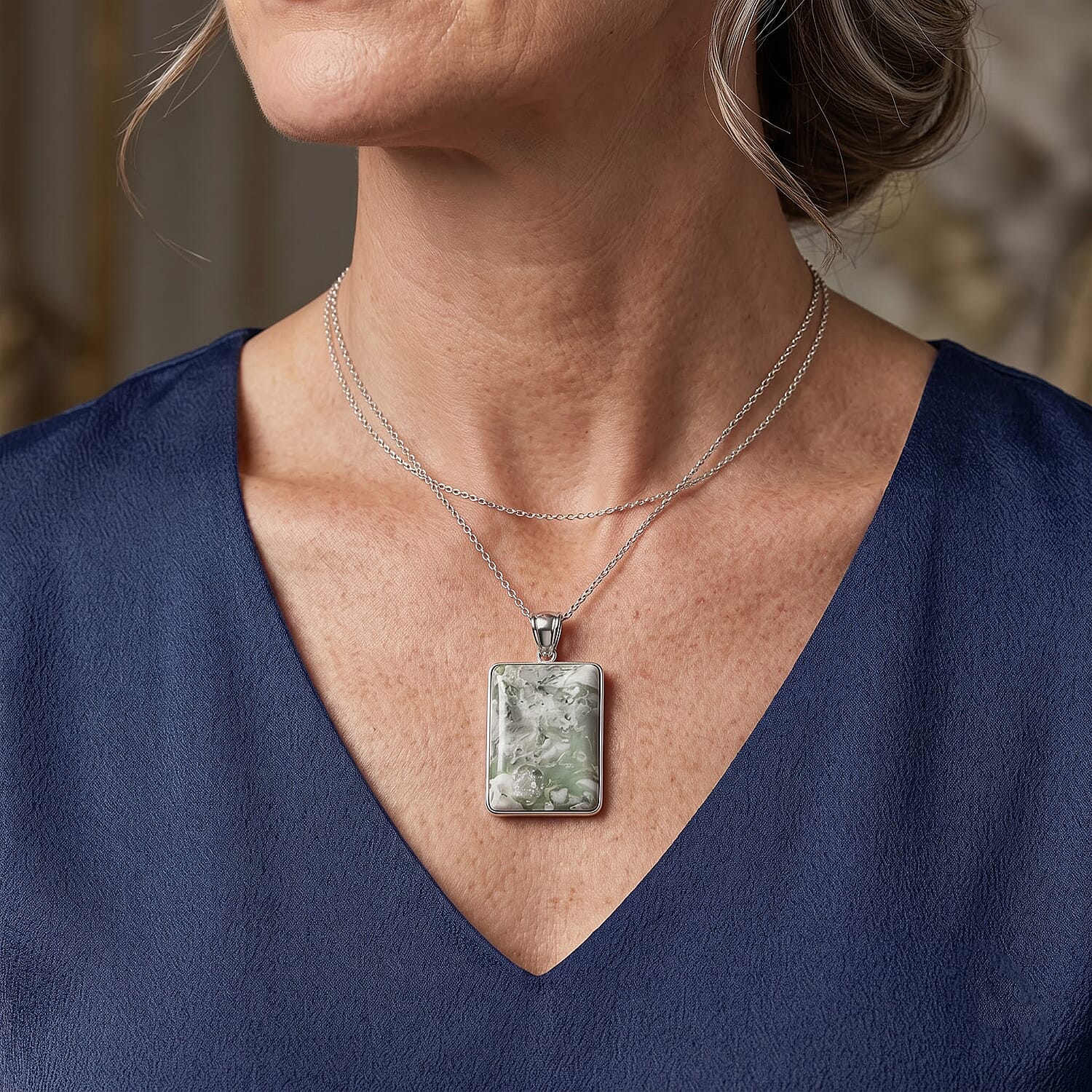 Rectangle Peace Jasper 75.00 ctw Pendant in Silvertone