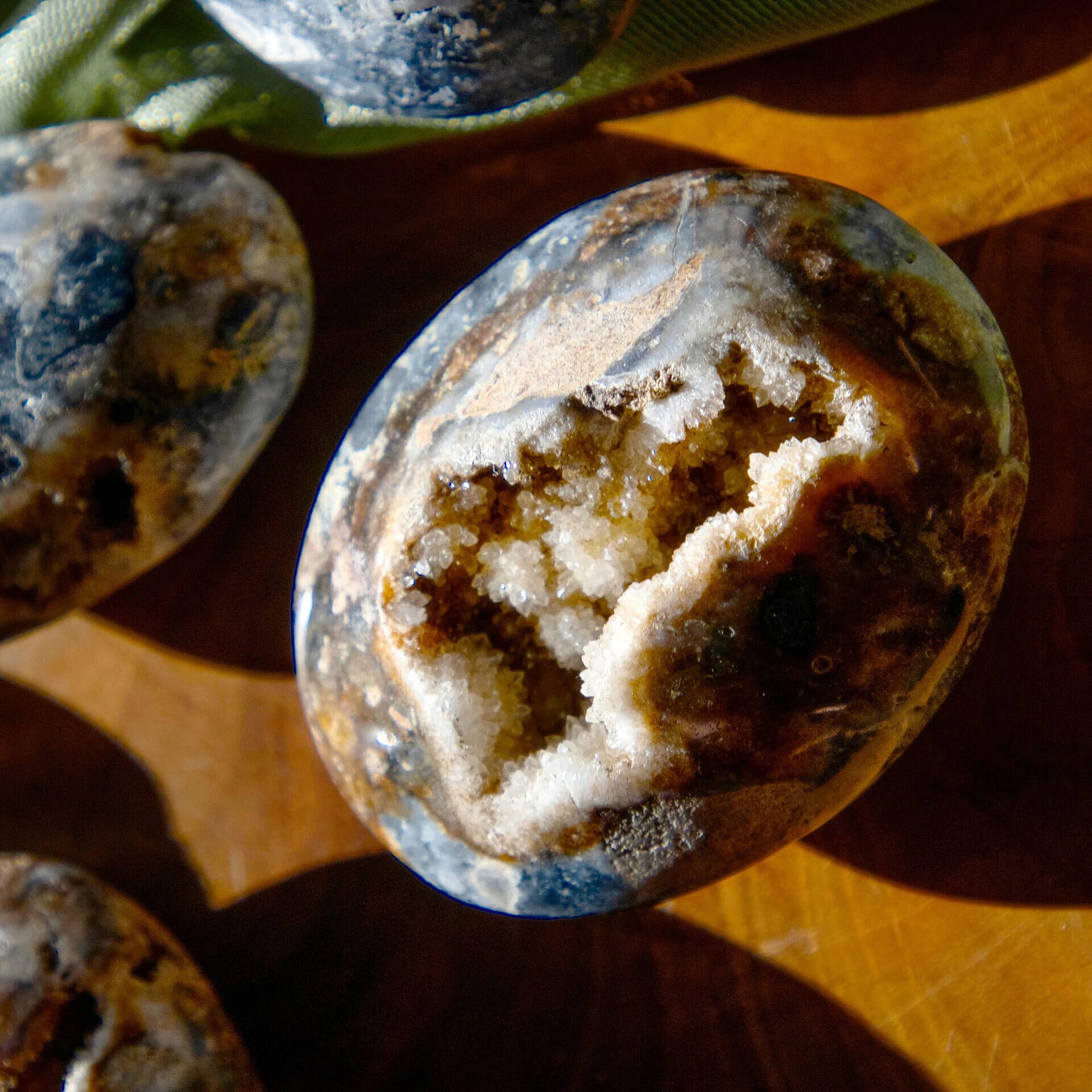 Druzy Quartz with Blue Chalcedony Geode Palm Stone 2.5-3 830 ctw