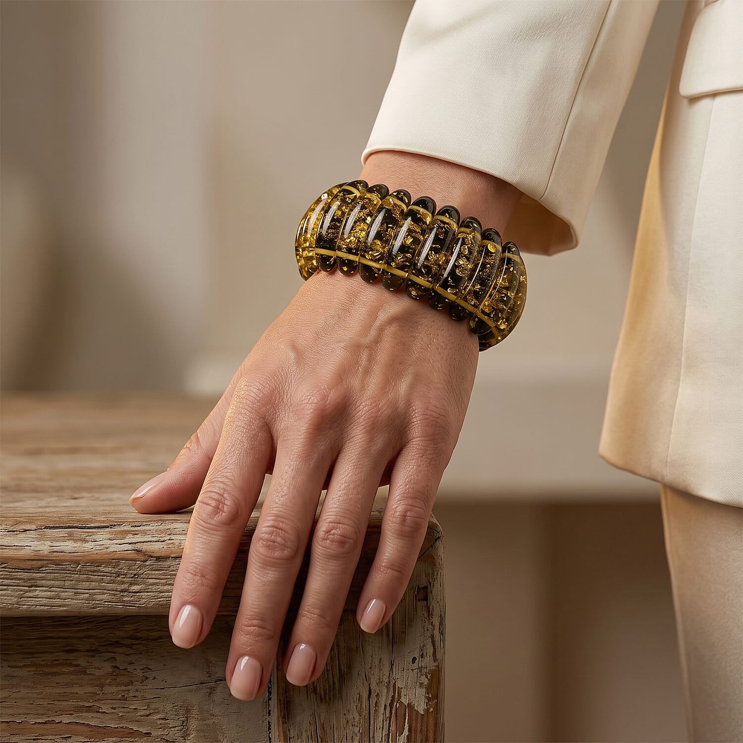 Green Amber 267.00 ctw Long Oval Stretch Bracelet