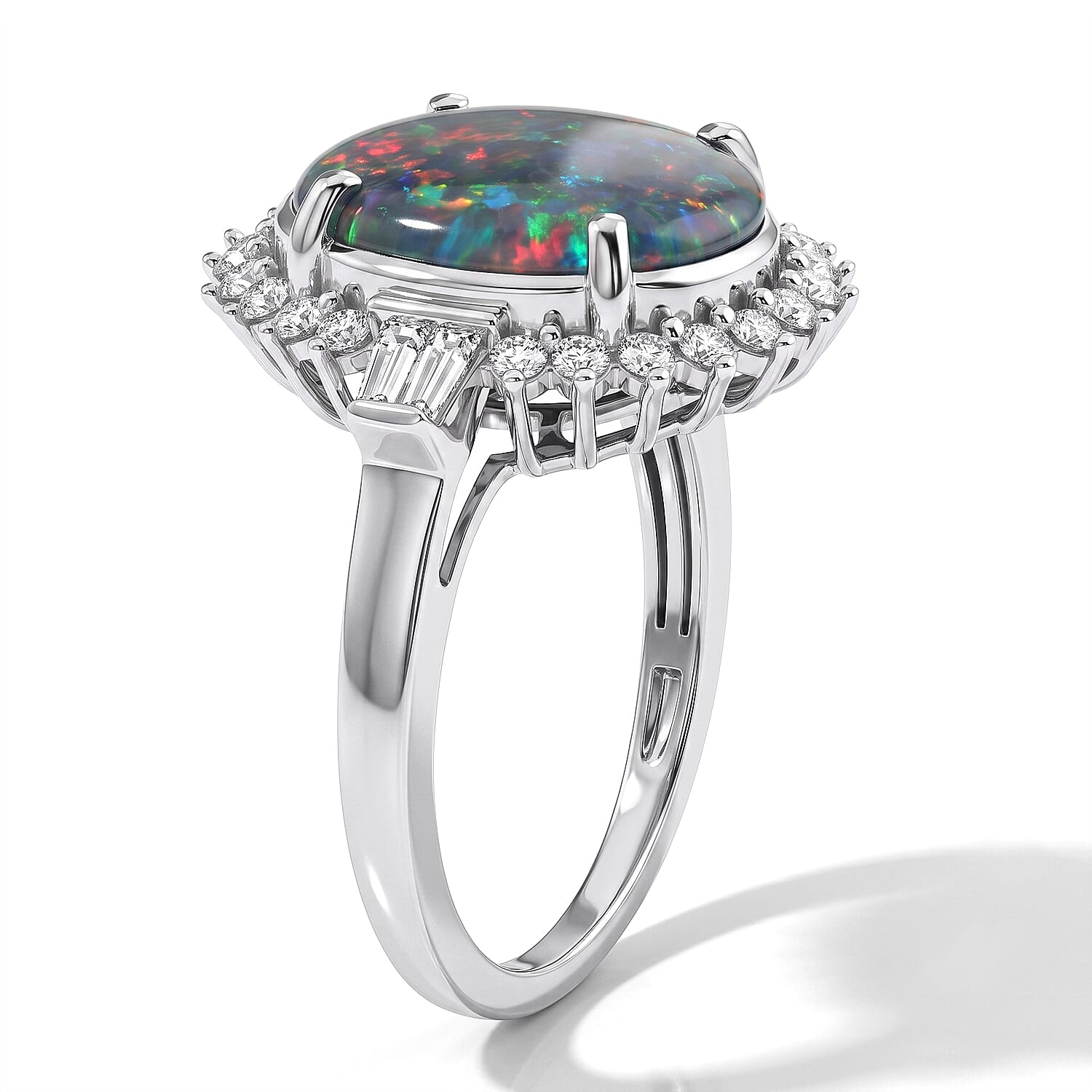 D'Joy Premium Australian Black Ridge Opal Triplet and Moissanite 3.75 ctw Celestial Sovereign Ring in Rhodium Over Sterling Silver (Size 6.0)