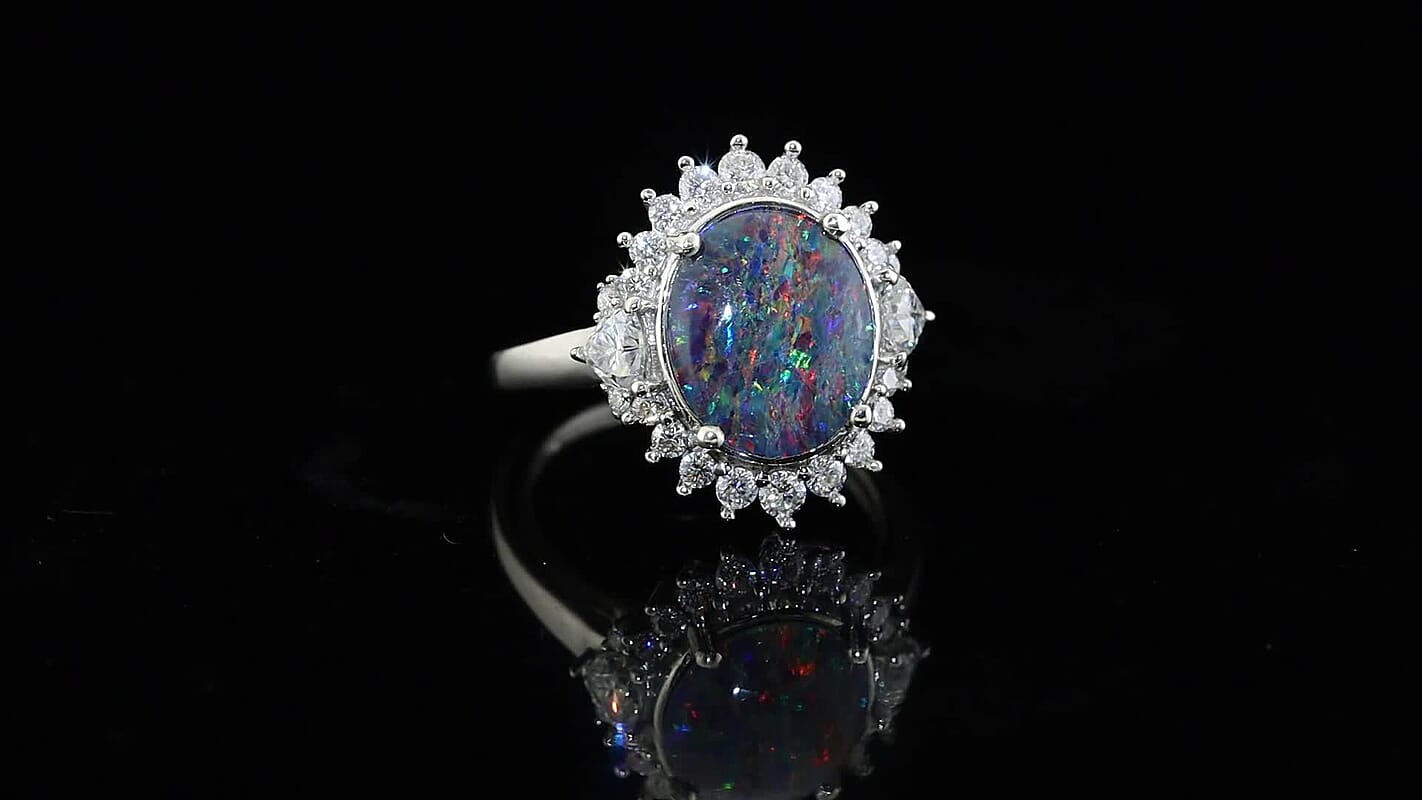 D''Joy Premium Australian Black Ridge Opal Triplet, Moissanite Celestial Sovereign Ring in Rhodium Over Sterling Silver (Size 10.0) 3.75 ctw