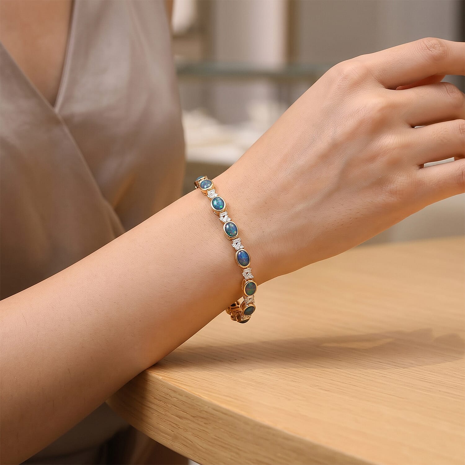 D'Joy Premium Australian Black Ridge Opal Triplet and Moissanite 8.70 ctw Celestial Constellation Bracelet in 18K Vermeil Yellow Gold Over Sterling Silver (6.50 In)