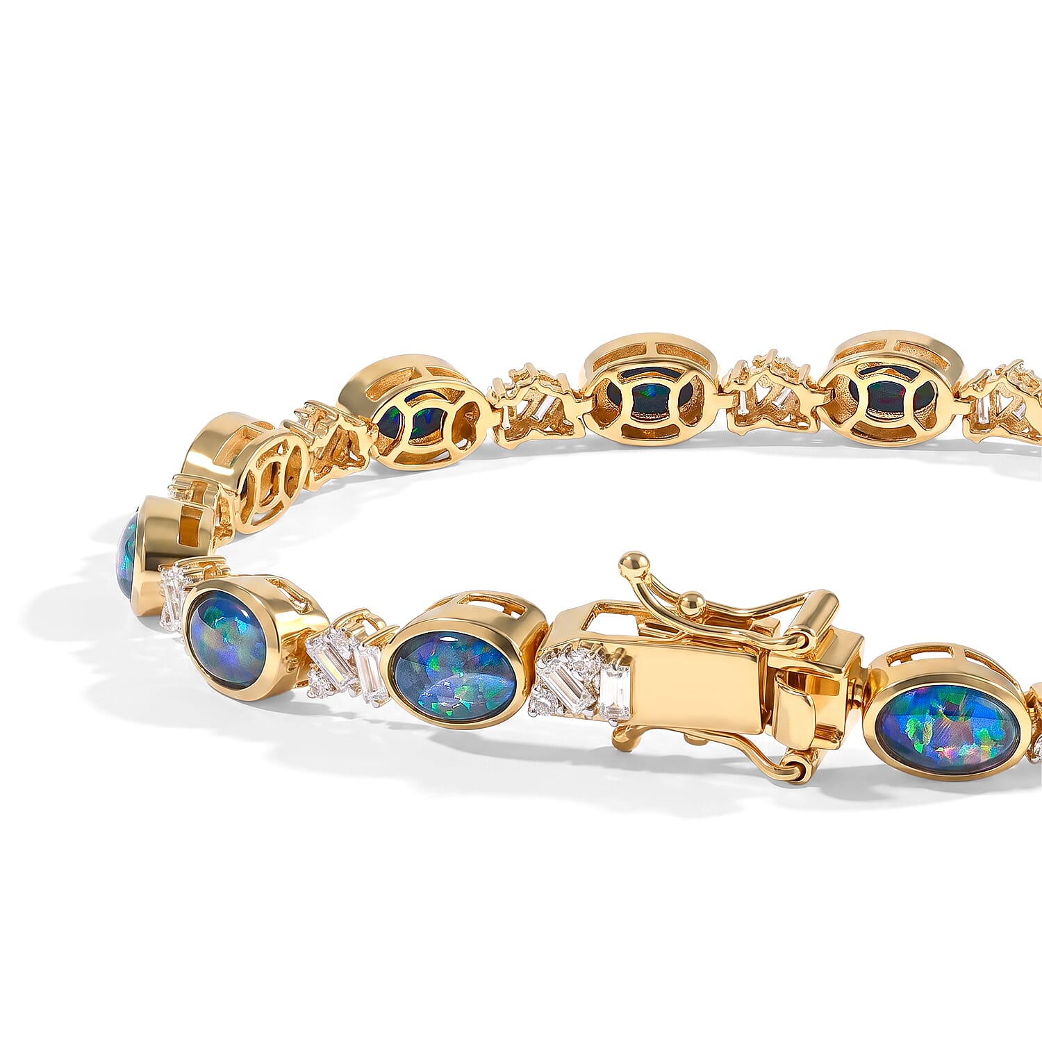 D'Joy Premium Australian Black Ridge Opal Triplet and Moissanite 8.70 ctw Celestial Constellation Bracelet in 18K Vermeil Yellow Gold Over Sterling Silver (6.50 In)