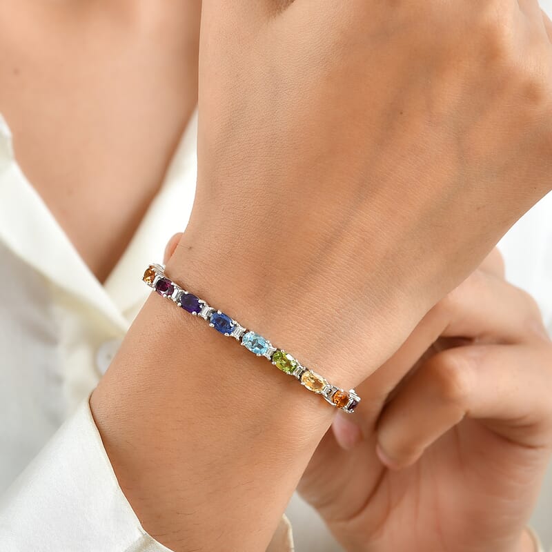 D'Joy Certified Multi Gemstone 10.65 ctw Bracelet in Rhodium Over Sterling Silver (6.50 In)