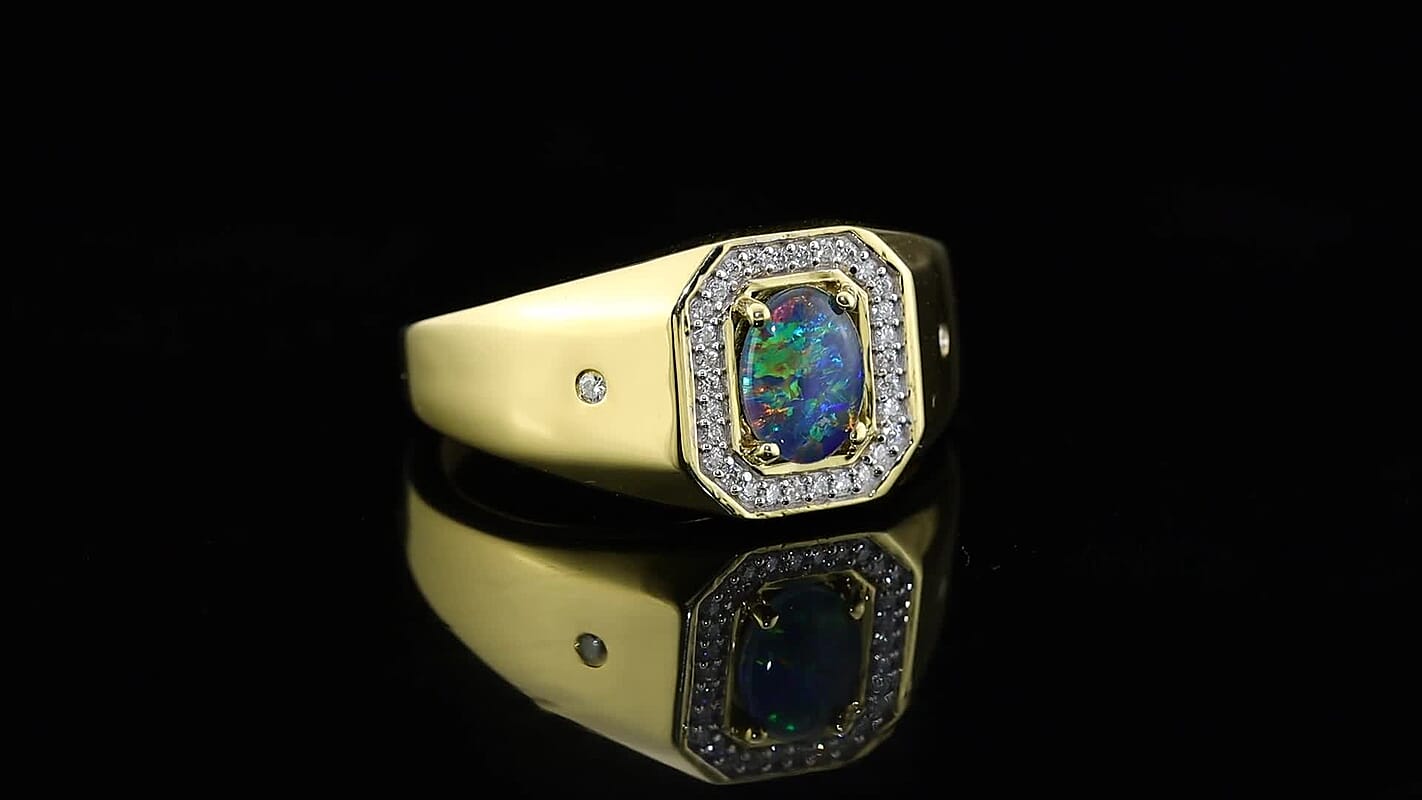 D''Joy Premium Australian Black Ridge Opal Triplet, Moissanite Galactic Signet Men''s Ring in 18K Vermeil YG Over Sterling Silver (Size 10.0) 1.10 ctw