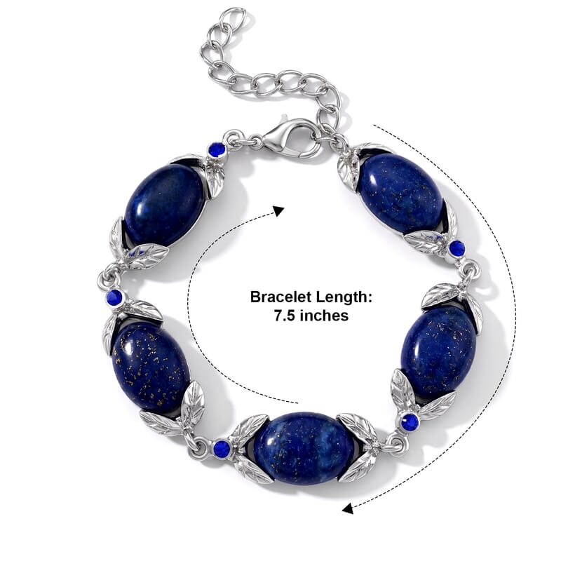 Southwest Style Lapis Lazuli 30.00 ctw and Red Austrian Crystal Bracelet in Silvertone (7.50-9.50In)