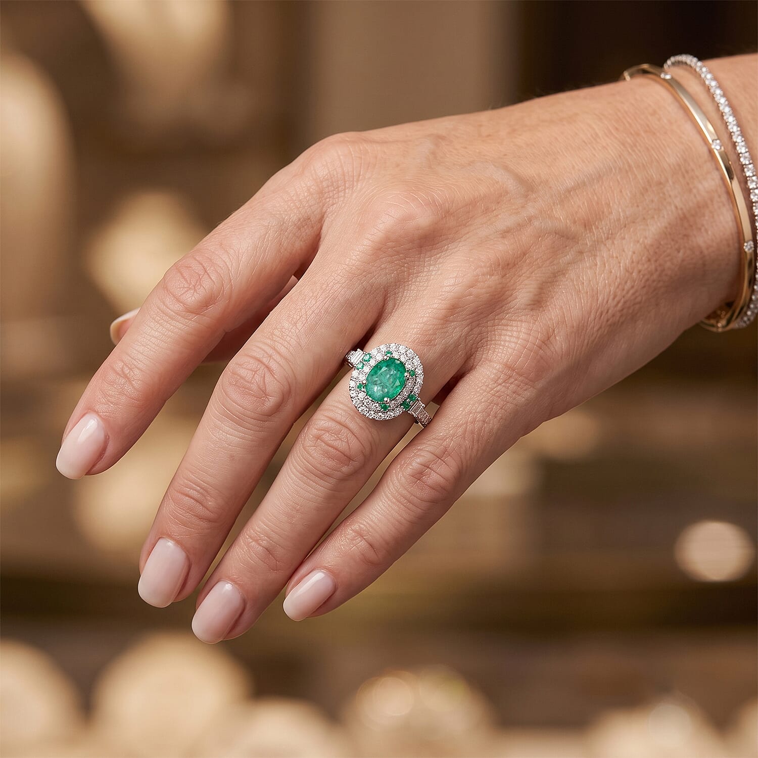 Certified and Appraised D'Joy Premium Kagem Zambian Emerald, Paraiba Tourmaline and Moissanite 2.00 ctw Ring in Rhodium Over Sterling Silver (Size 6.0)