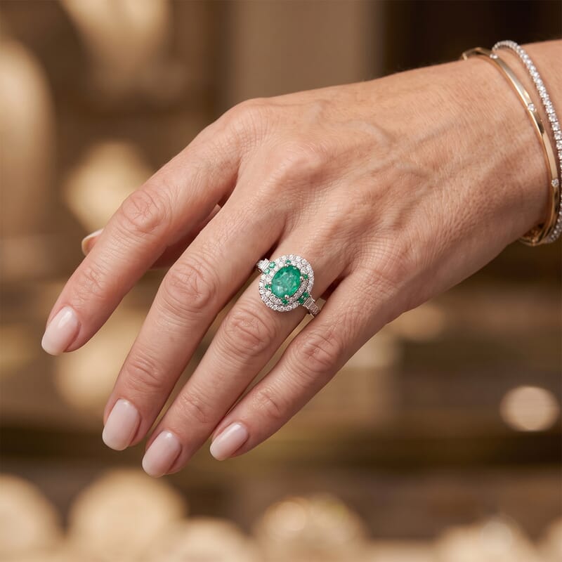 Certified and Appraised D'Joy Premium Kagem Zambian Emerald, Paraiba Tourmaline and Moissanite 2.00 ctw Ring in Rhodium Over Sterling Silver (Size 6.0)