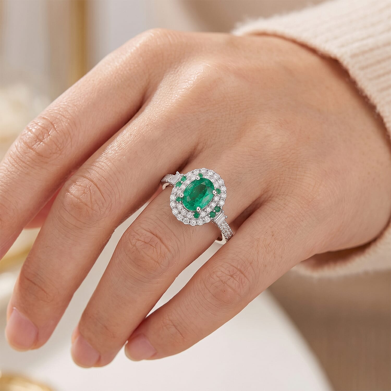Certified and Appraised D'Joy Premium Kagem Zambian Emerald, Paraiba Tourmaline and Moissanite 2.00 ctw Ring in Rhodium Over Sterling Silver (Size 6.0)