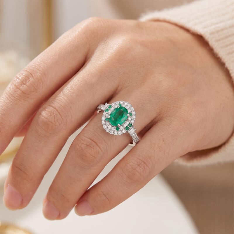 Certified and Appraised D'Joy Premium Kagem Zambian Emerald, Paraiba Tourmaline and Moissanite 2.00 ctw Ring in Rhodium Over Sterling Silver (Size 6.0)