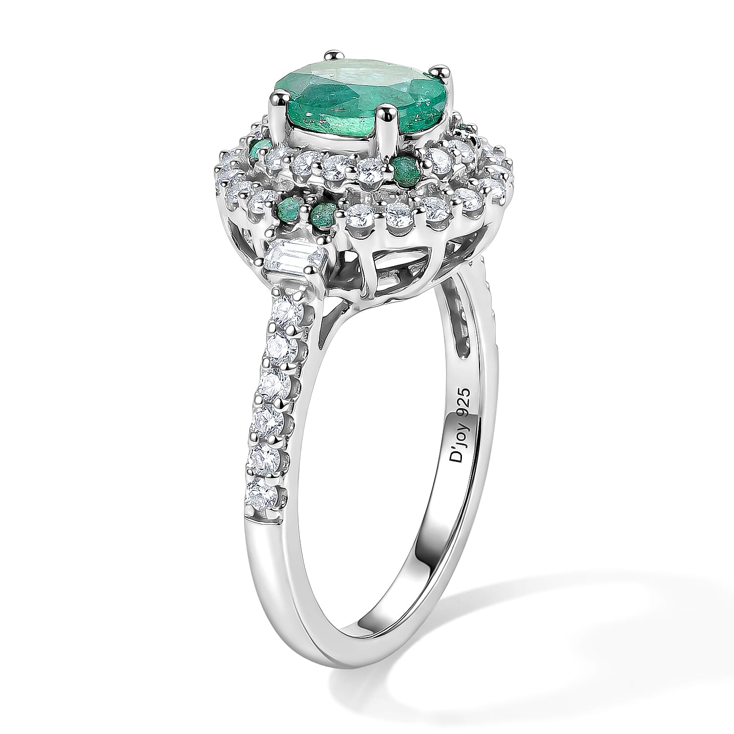 Certified and Appraised D'Joy Premium Kagem Zambian Emerald, Paraiba Tourmaline and Moissanite 2.00 ctw Ring in Rhodium Over Sterling Silver (Size 6.0)