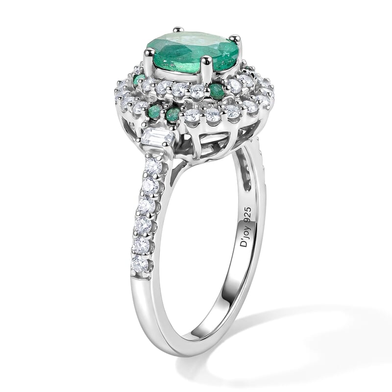 Certified and Appraised D'Joy Premium Kagem Zambian Emerald, Paraiba Tourmaline and Moissanite 2.00 ctw Ring in Rhodium Over Sterling Silver (Size 6.0)