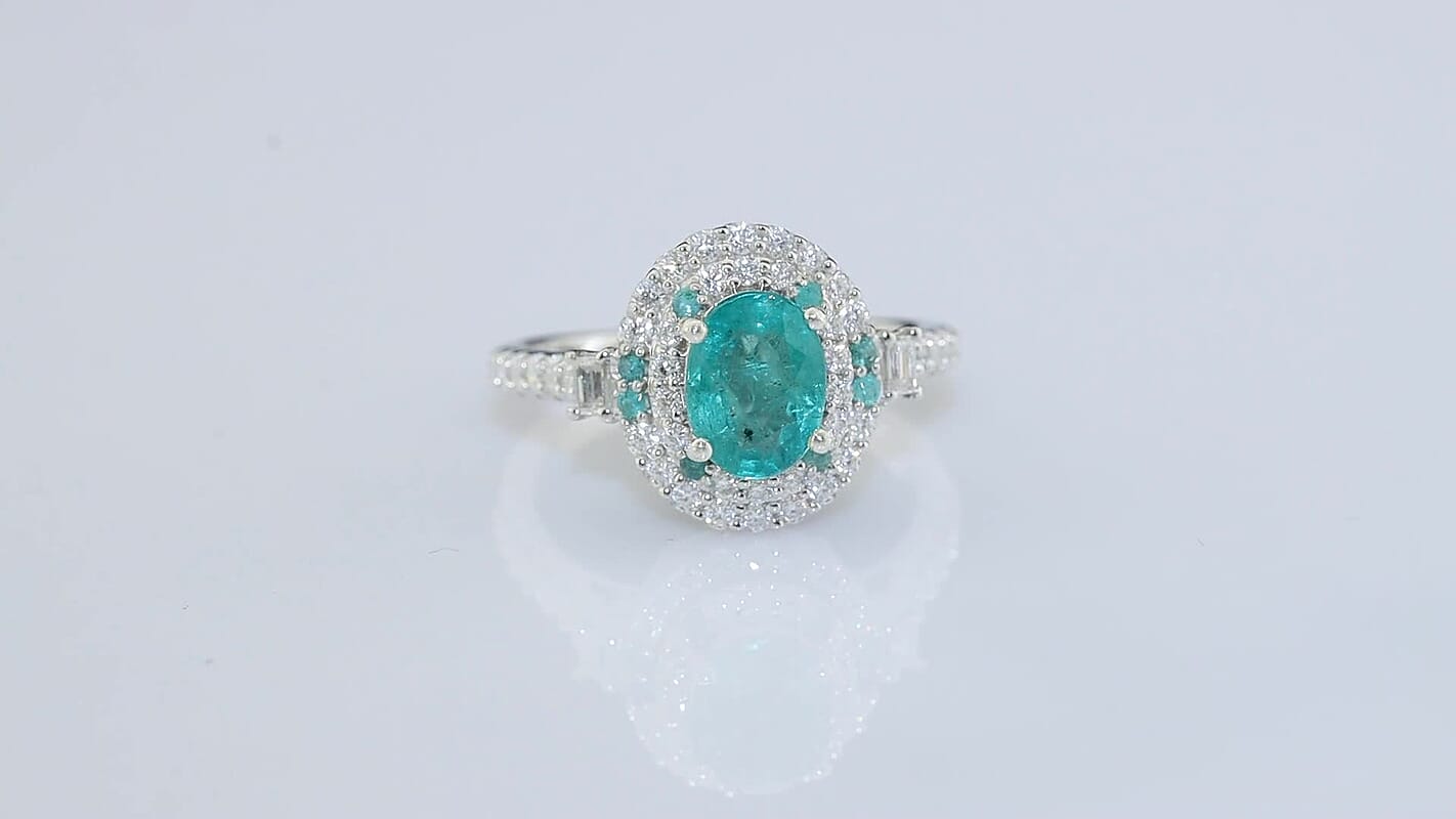 Doorbuster Certified and Appraised D''Joy Premium Kagem Zambian Emerald, Paraiba Tourmaline and Moissanite Ring in Rhodium Over Sterling Silver (Size 6.0) 2.00 ctw