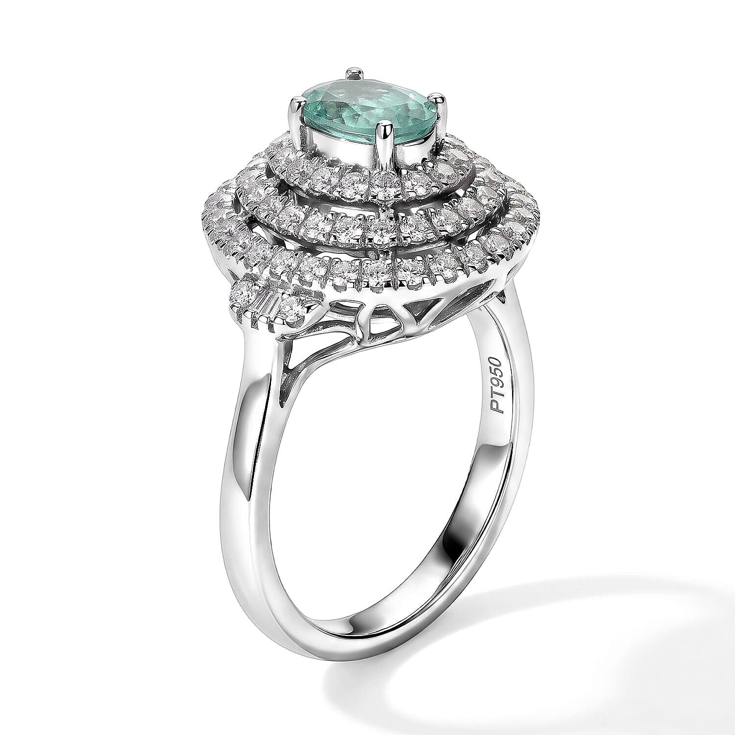 Certified and Appraised Rhapsody AAAA Paraiba Tourmaline and Diamond E-F VS 1.50 ctw Ring in 950 Platinum (Size 6.0) 6.25 Grams
