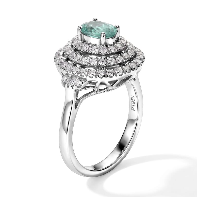 Certified and Appraised Rhapsody AAAA Paraiba Tourmaline and Diamond E-F VS 1.50 ctw Ring in 950 Platinum (Size 6.0) 6.25 Grams