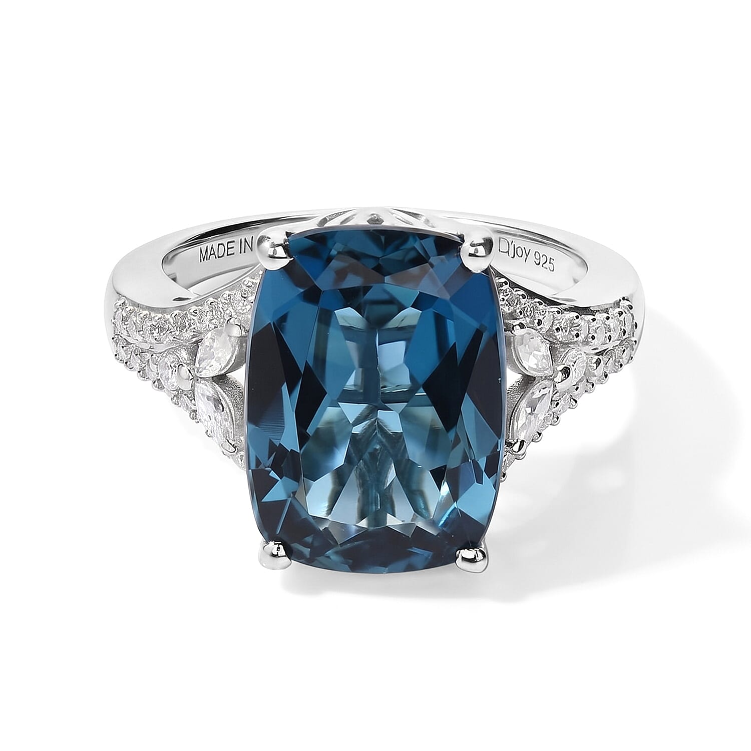 Certified & Appraised D'Joy Premium London Blue Topaz and Moissanite 8.20 ctw Ring in Rhodium Over Sterling Silver (Size 10.0)