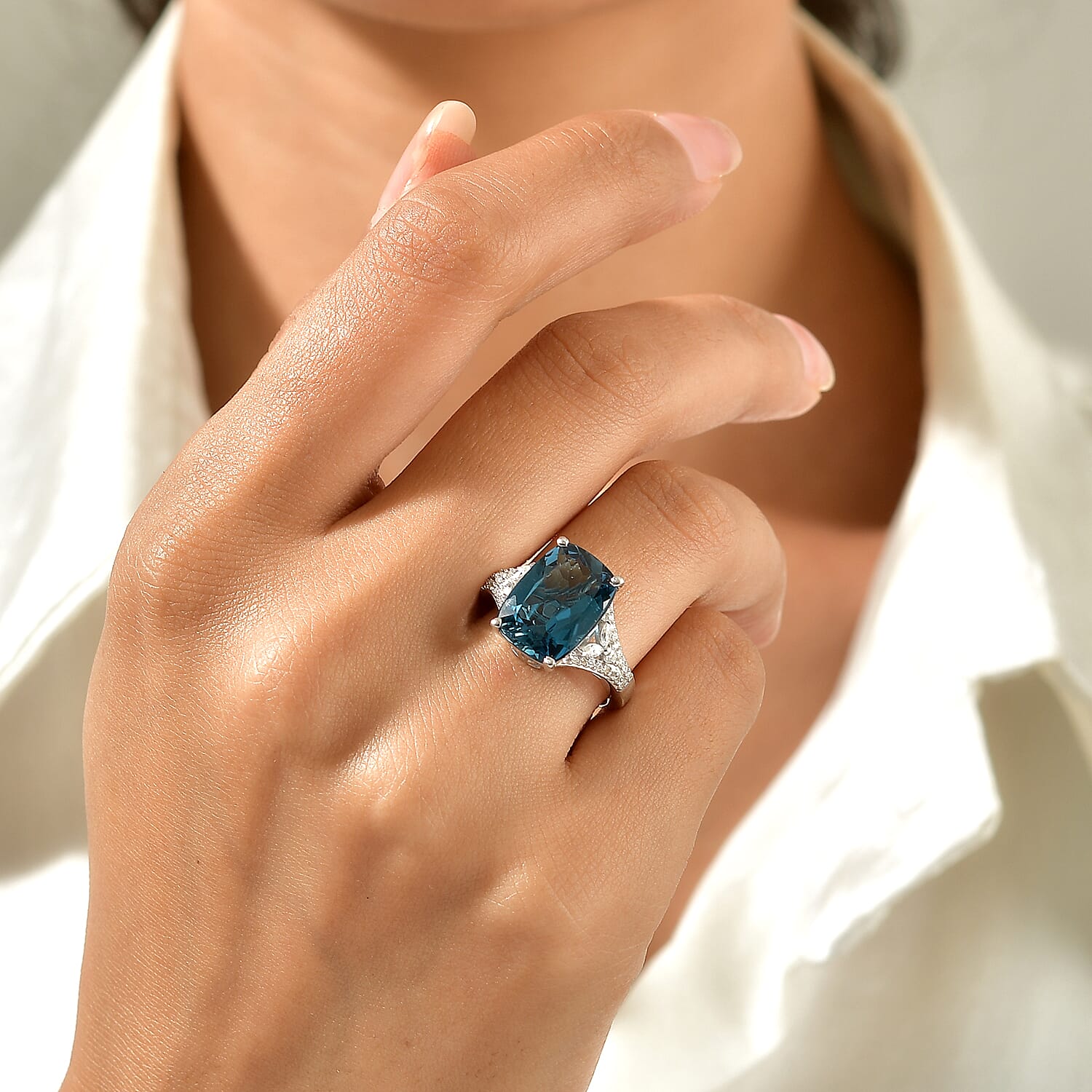 Certified & Appraised D'Joy Premium London Blue Topaz and Moissanite 8.20 ctw Ring in Rhodium Over Sterling Silver (Size 10.0)
