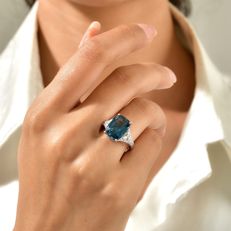 Certified & Appraised D'Joy Premium London Blue Topaz and Moissanite 8.20 ctw Ring in Rhodium Over Sterling Silver (Size 10.0)