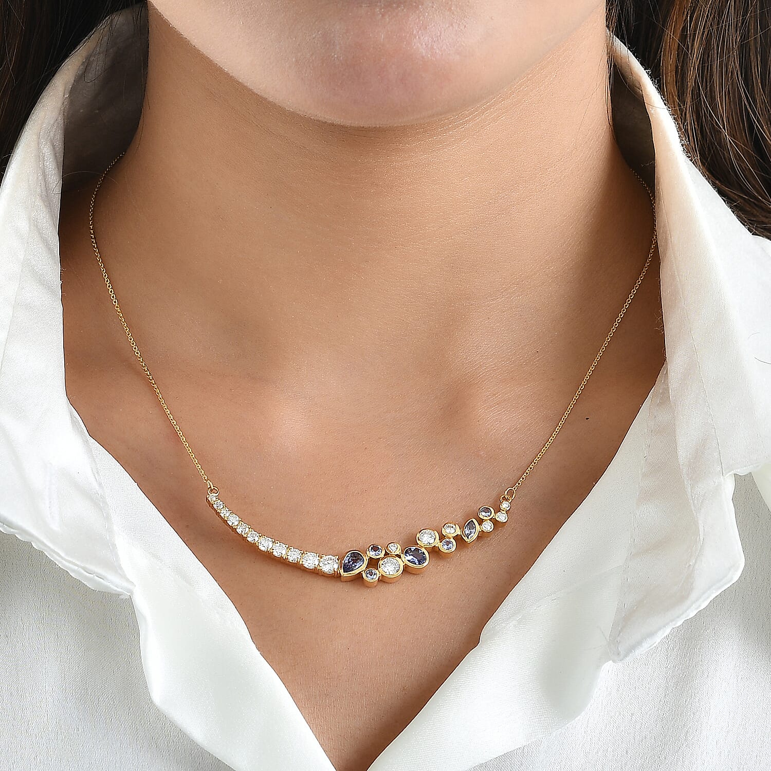 D'Joy Tanzanite and Moissanite 3.60 ctw Scatter Necklace (18 Inches) in 18K Vermeil Yellow Gold Over Sterling Silver