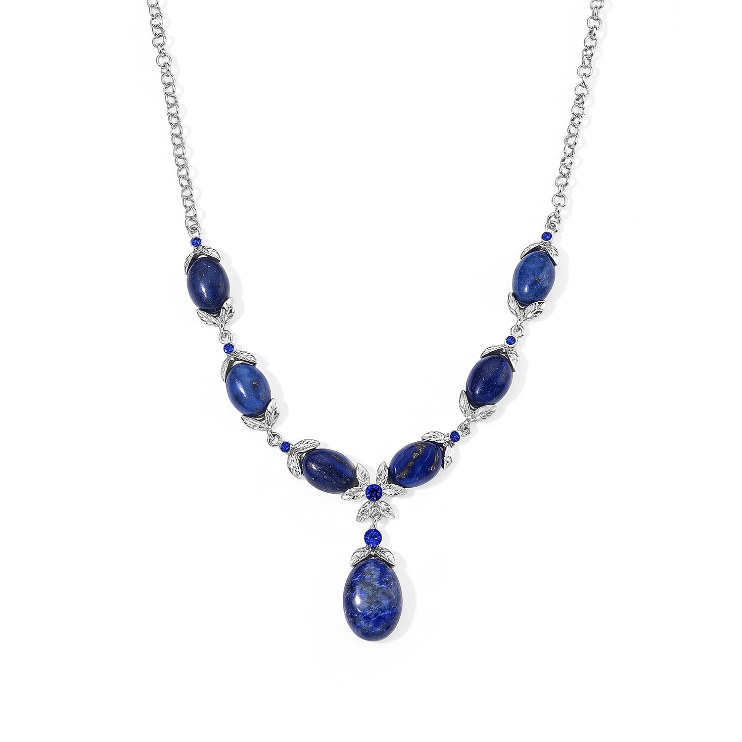 Southwest Style Lapis Lazuli 45.00 ctw and Blue Austrian Crystal Necklace (20-22 Inches) in Silvertone
