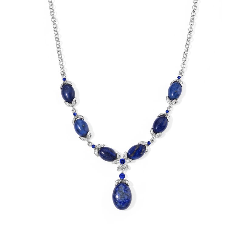 Southwest Style Lapis Lazuli 45.00 ctw and Blue Austrian Crystal Necklace (20-22 Inches) in Silvertone