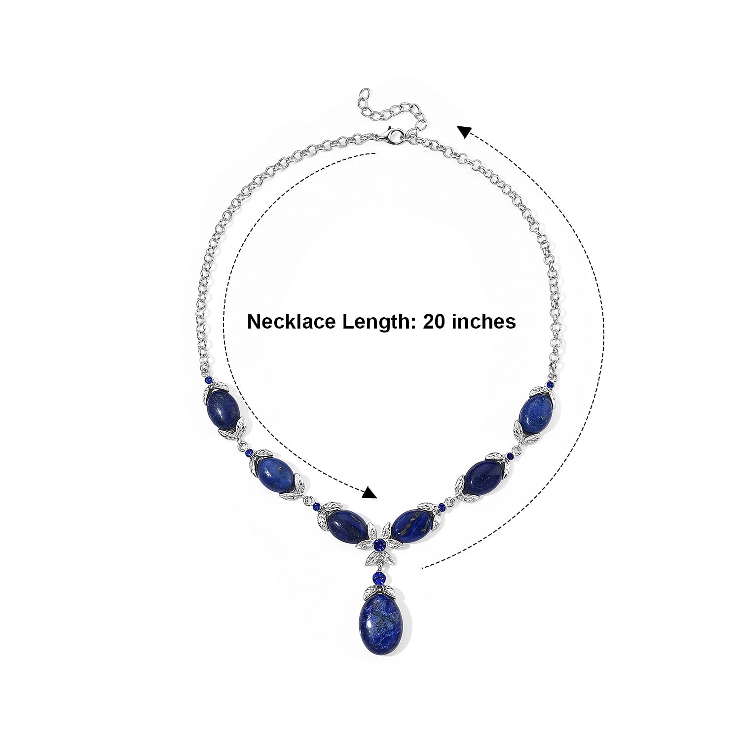 Southwest Style Lapis Lazuli 45.00 ctw and Blue Austrian Crystal Necklace (20-22 Inches) in Silvertone