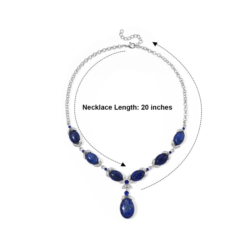 Southwest Style Lapis Lazuli 45.00 ctw and Blue Austrian Crystal Necklace (20-22 Inches) in Silvertone