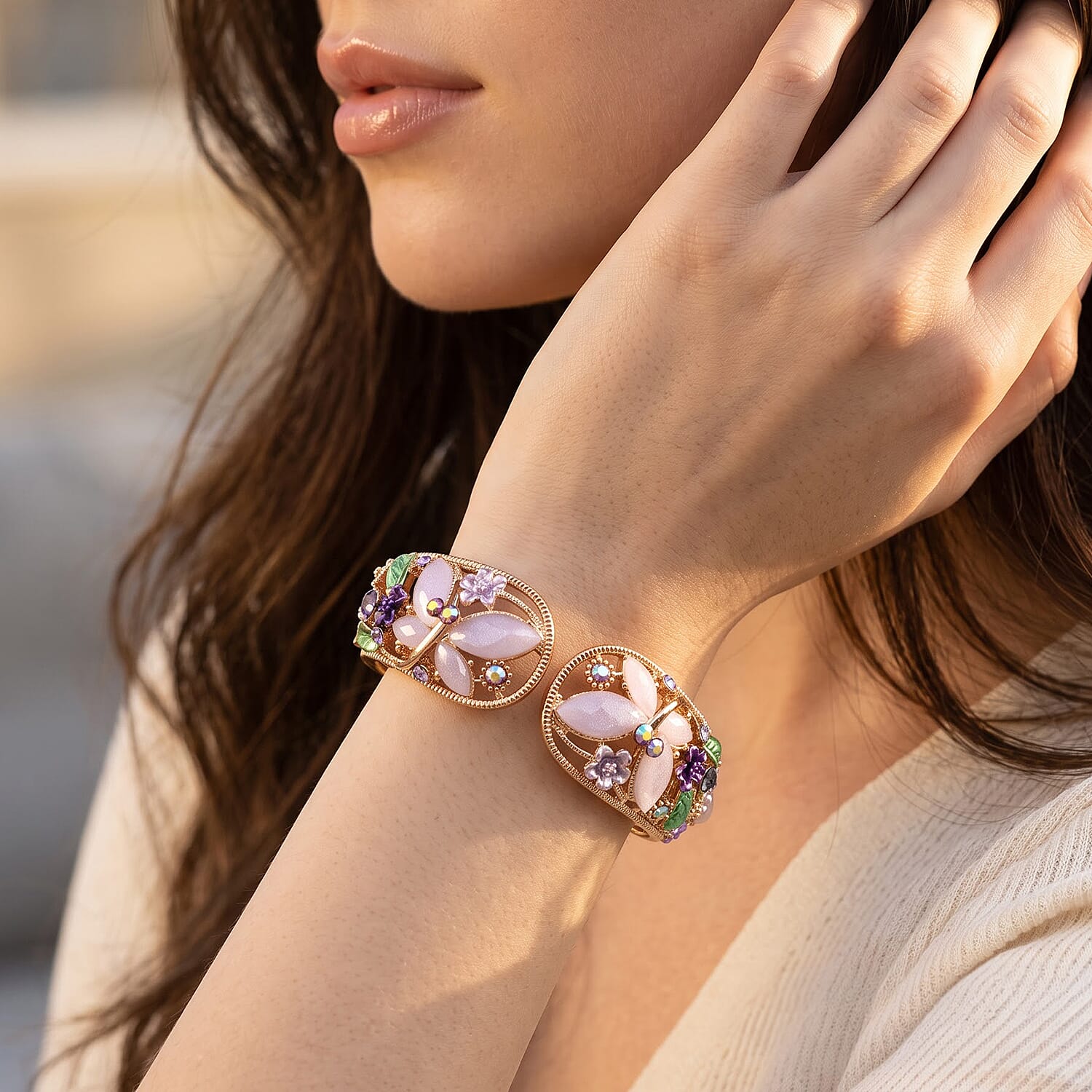 Purple Austrian Crystal, Purple Resin and Multi Color Enameled Stretch Bracelet (7.00 In)