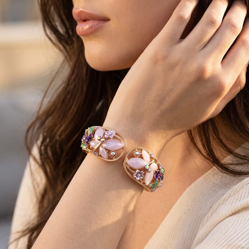 Purple Austrian Crystal, Purple Resin and Multi Color Enameled Stretch Bracelet (7.00 In)
