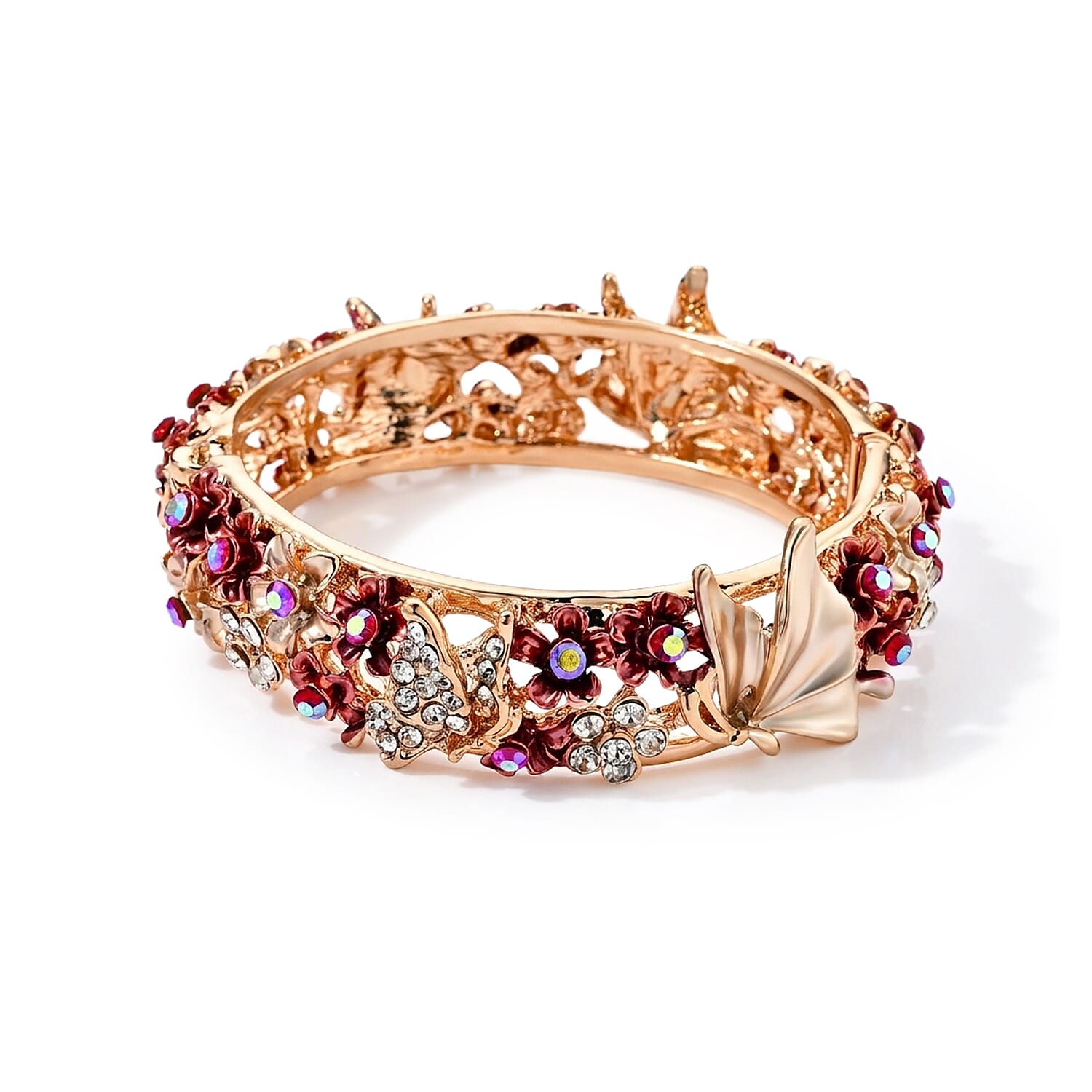 Fuchsia and White Austrian Crystal, Enameled Stretch Bracelet (7.0 In)
