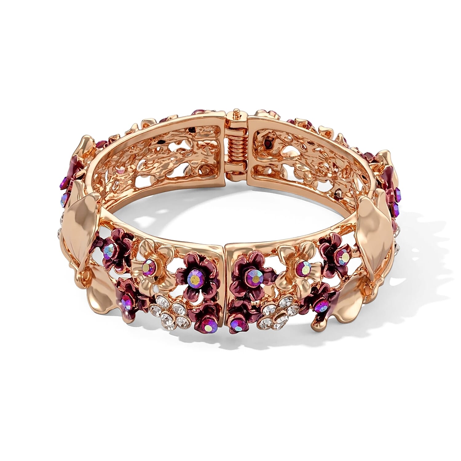 Fuchsia and White Austrian Crystal, Enameled Stretch Bracelet (7.0 In)