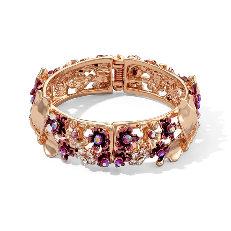 Fuchsia and White Austrian Crystal, Enameled Stretch Bracelet (7.0 In)