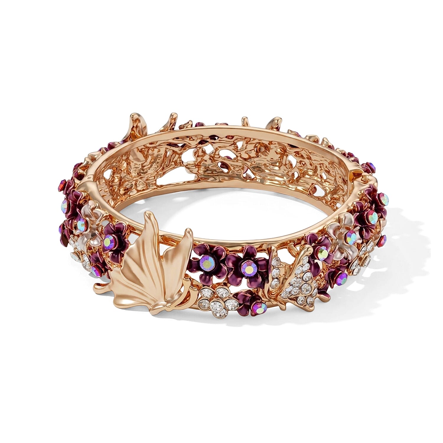 Fuchsia and White Austrian Crystal, Enameled Stretch Bracelet (7.0 In)