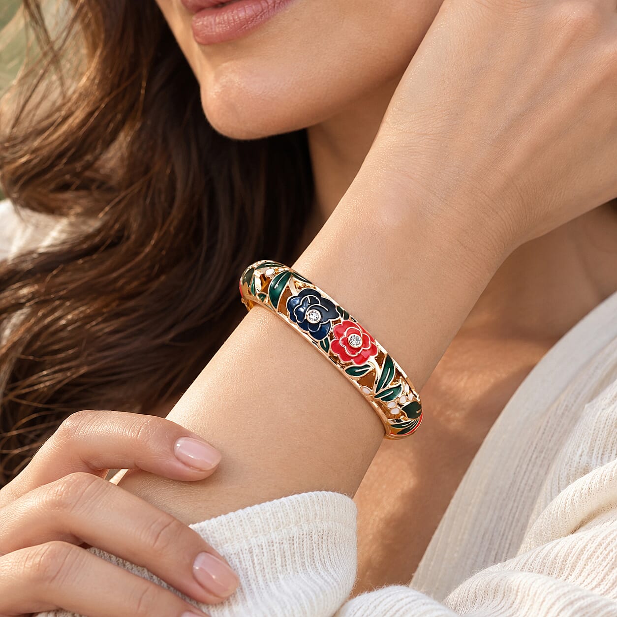 Austrian Crystal and Multi Color Enameled Stretch Bracelet (7.0 In)