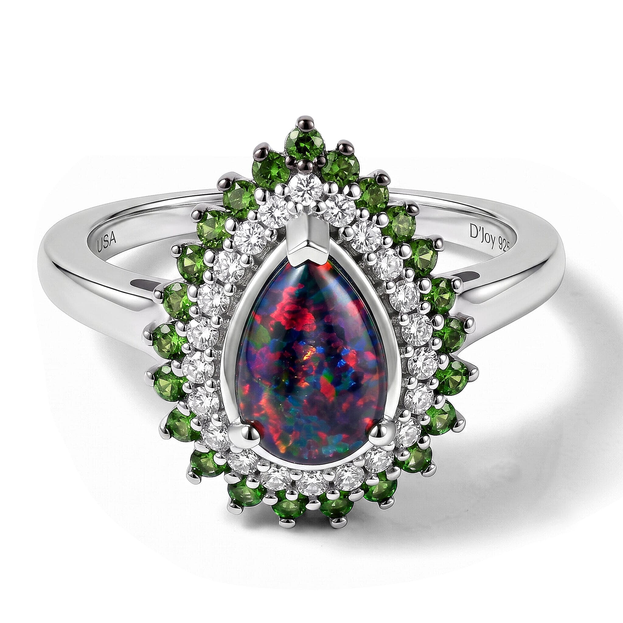 D'Joy Premium Australian Black Ridge Opal Triplet, Multi Gemstone Celestial Splendor Ring in Rhodium Over Sterling Silver (Size 5.0) 1.65 ctw