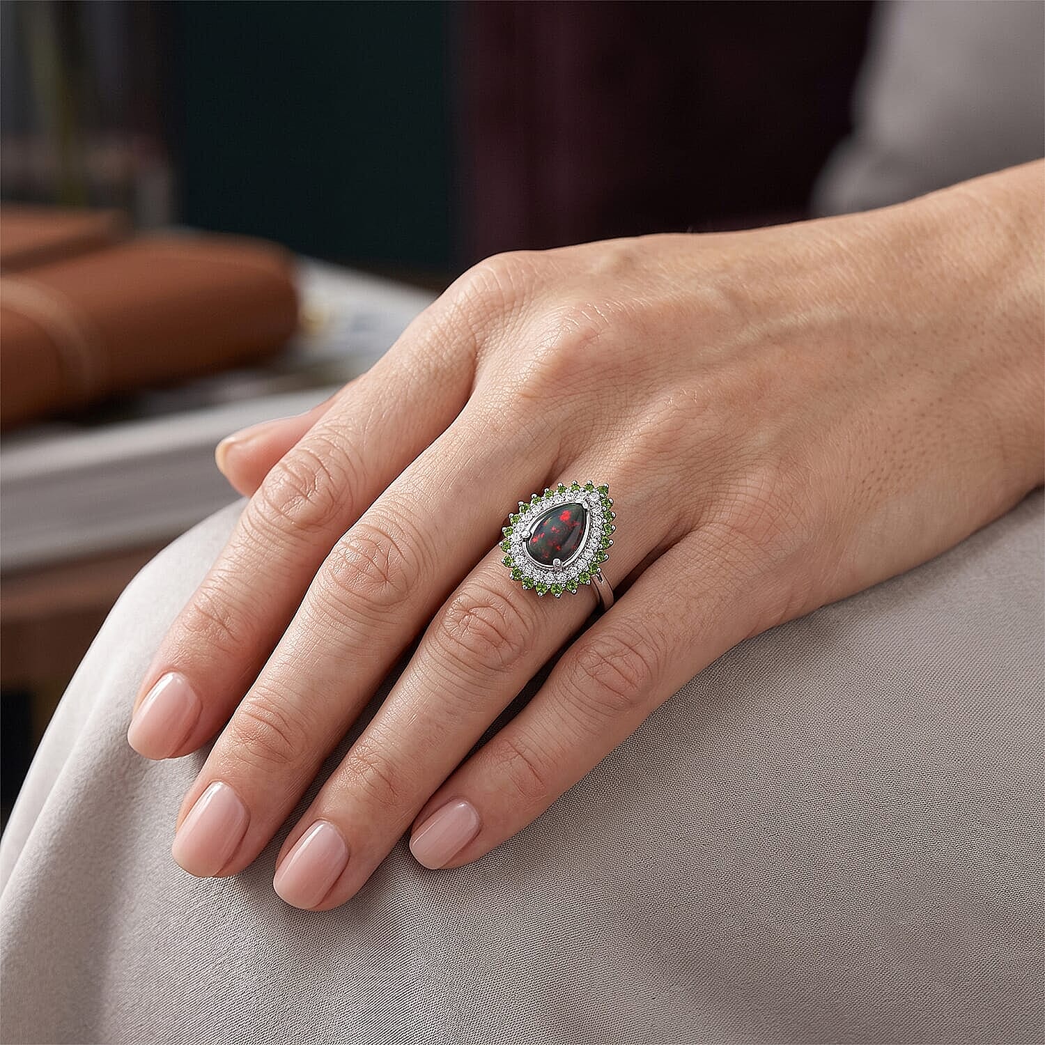 D'Joy Premium Australian Black Ridge Opal Triplet, Multi Gemstone Celestial Splendor Ring in Rhodium Over Sterling Silver (Size 5.0) 1.65 ctw