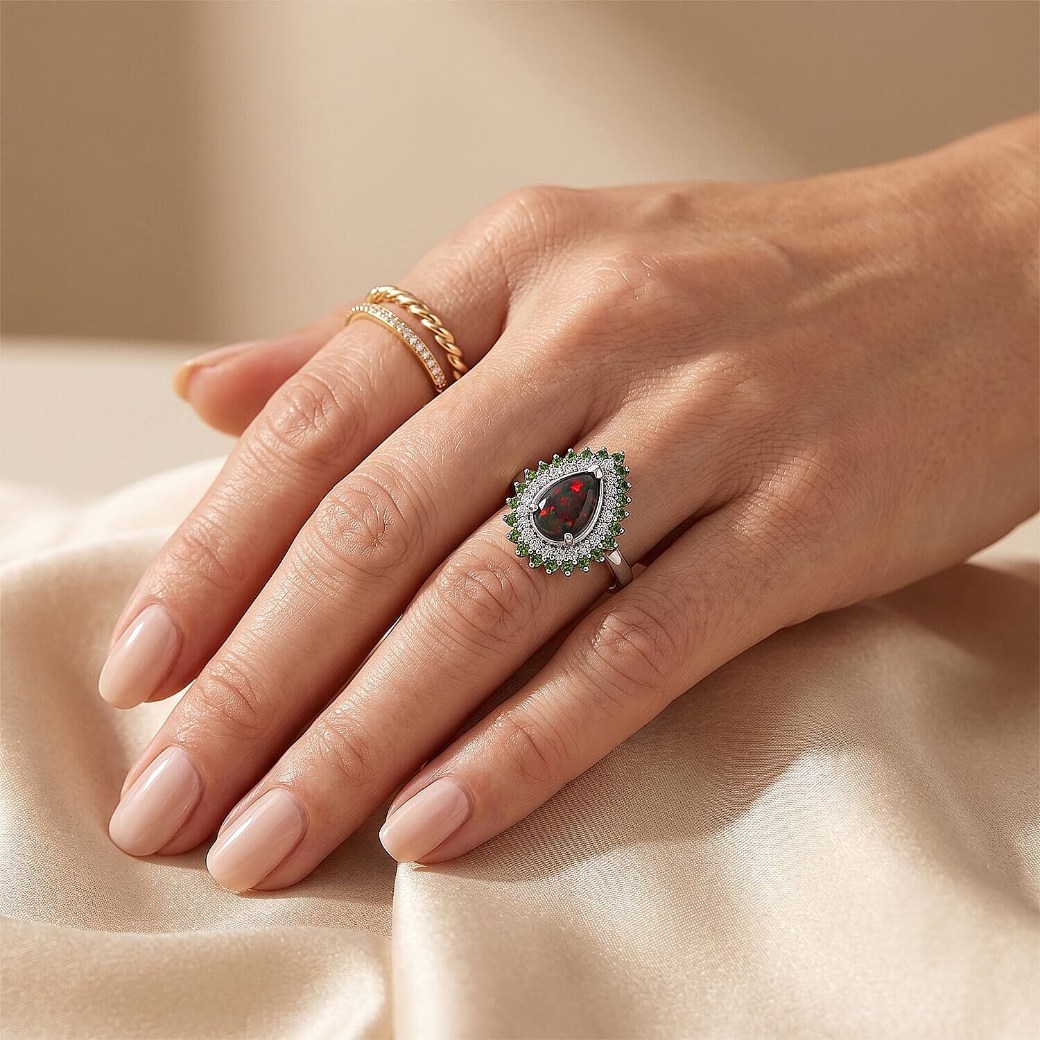 D'Joy Premium Australian Black Ridge Opal Triplet, Multi Gemstone Celestial Splendor Ring in Rhodium Over Sterling Silver (Size 5.0) 1.65 ctw