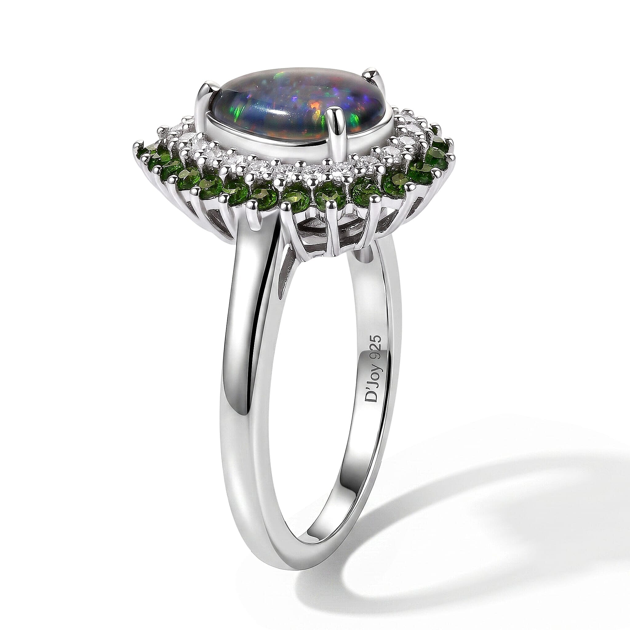 D'Joy Premium Australian Black Ridge Opal Triplet, Multi Gemstone Celestial Splendor Ring in Rhodium Over Sterling Silver (Size 5.0) 1.65 ctw