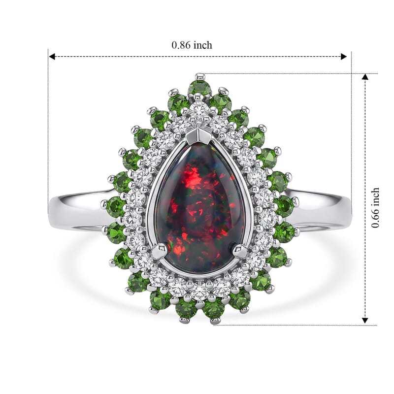 D'Joy Premium Australian Black Ridge Opal Triplet, Multi Gemstone Celestial Splendor Ring in Rhodium Over Sterling Silver (Size 5.0) 1.65 ctw